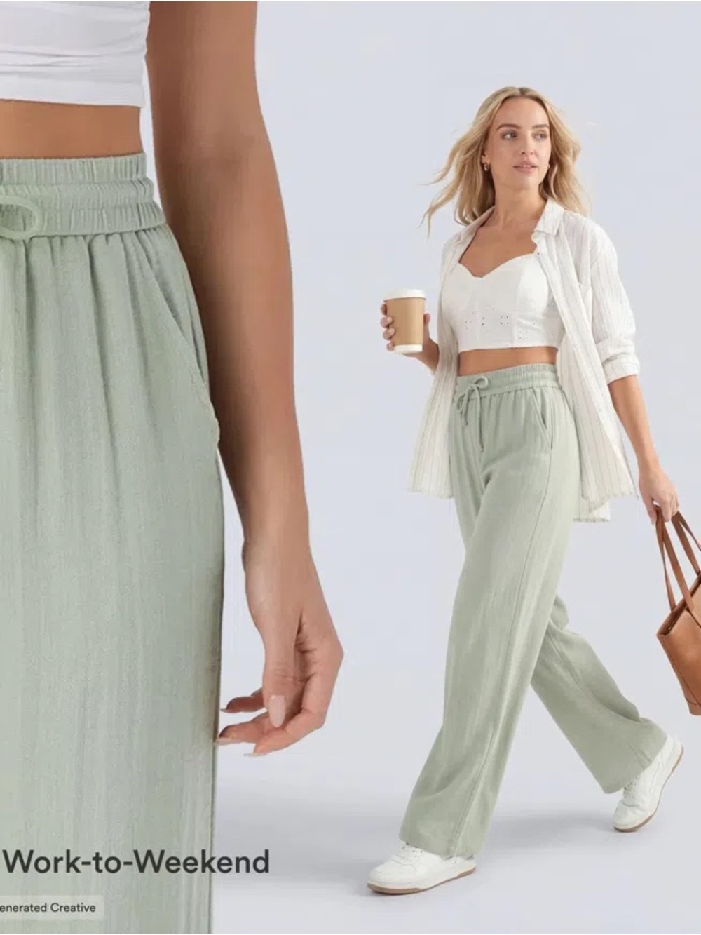 HALARA High Waisted Drawstring Pocket Wide-Leg Baggy Casual Linen Feel Pants